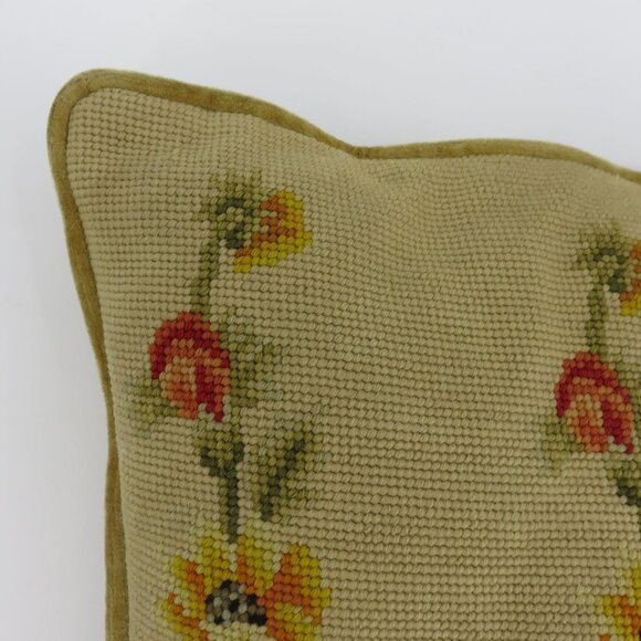 VTG Yellow Orange Poppy Needlepoint Throw Pillow Rectangle Velvet Country Floral - Picture 2 of 7